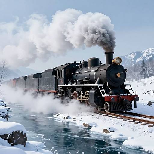 Photograph of a black steam locomotive with white smoke, traveling through a snowy landscape with a frozen river and snow-covered mountains.