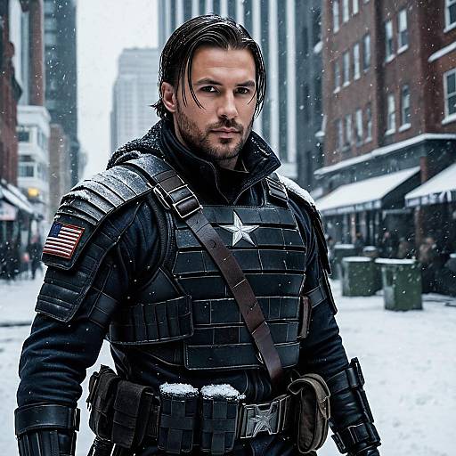 Winter Soldier Tactical Portrait in Snowy City