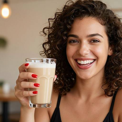 Photograph of a smiling woman with curly dark hair, red nails, holding a glass of milkshake, wearing a black tank top.