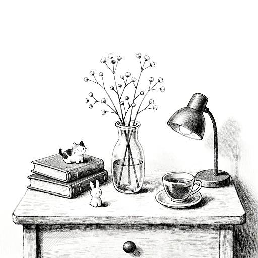 Whimsical Black-and-White Bedside Still Life