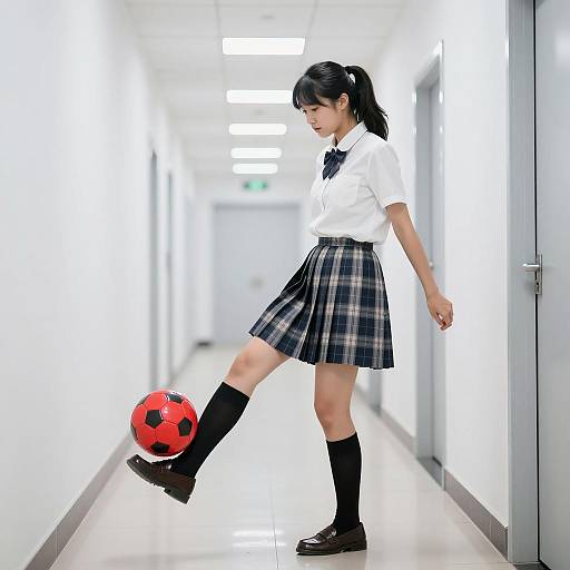 Dynamic Asian Girl Kicking Soccer Ball