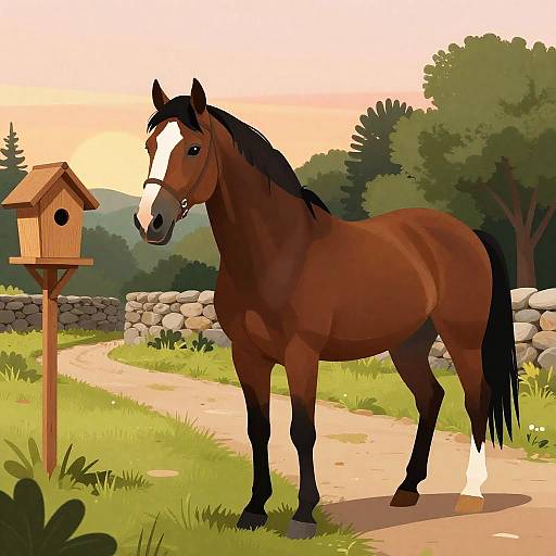 Elegant Brown Horse with Sunset Background