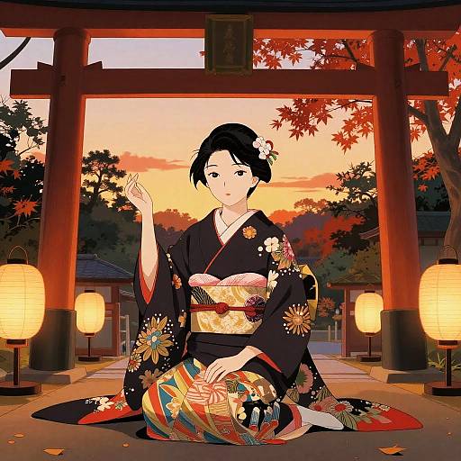 Gentle Kimono Dancer at Sunset Courtyard