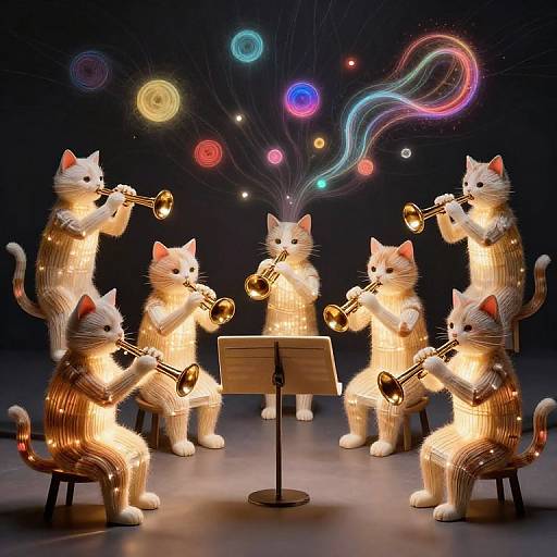 Photorealistic CGI of six glowing, striped cats playing trumpets around a music stand, with colorful, swirling light effects in the background.