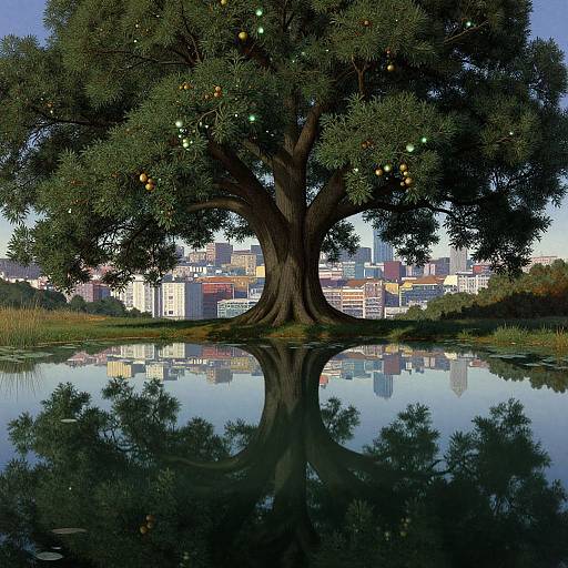 Photograph of a large tree with glowing lights, reflecting in a calm pond, set against a cityscape at dusk.