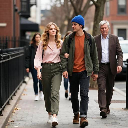 Casual City Sidewalk Scene with Couples