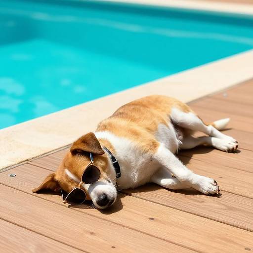 Photograph of a brown and white dog with black nose, wearing sunglasses, lying on wooden deck by bright blue pool.