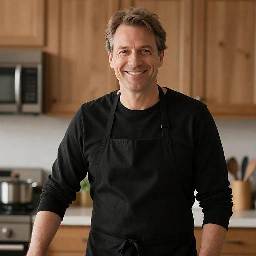 Smiling Middle-Aged Chef in Warm Kitchen