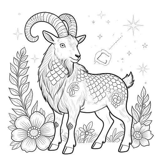 Black and white line drawing of a mythical goat with curved horns, scales on its body, surrounded by flowers and leaves.