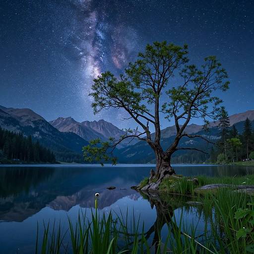 Photograph of a serene night lake with a starry sky, Milky Way visible, a lone tree reflected in the water, surrounded by mountains and grass