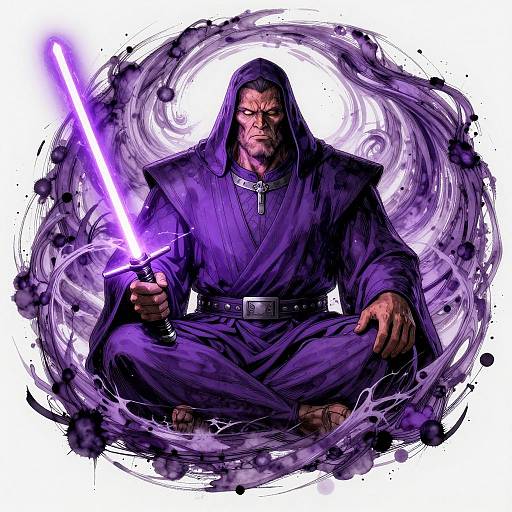 Digital illustration of a muscular, hooded man in a purple robe, sitting cross-legged, holding a glowing purple lightsaber, surrounded by swirling dark purple