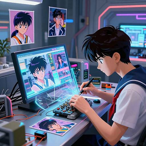 Anime-style digital artwork: Black-haired boy in sailor uniform draws on glowing laptop, surrounded by neon-lit tech station with photos.