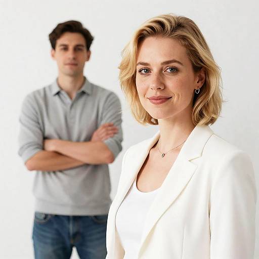 Smiling blonde woman with man in background