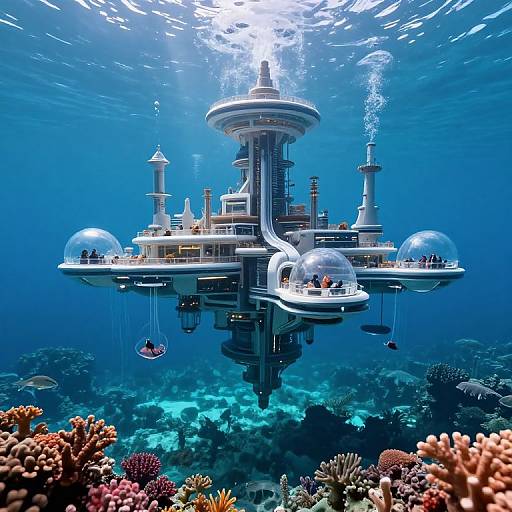 Photograph of futuristic underwater city with floating glass domes, diverse coral reefs, and people exploring, bathed in sunlight from above.