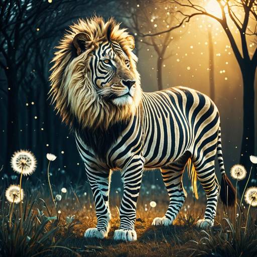 Surreal Lion-Zebra Hybrid in Mystical Forest Surreal Lion-Zebra Hybrid in Mystical Forest