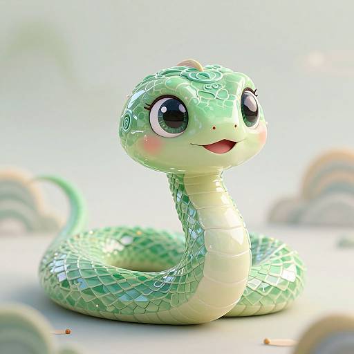 Cute CGI green snake with large, shiny eyes, blushing cheeks, and a smiling mouth, coiled in a brightly lit background.