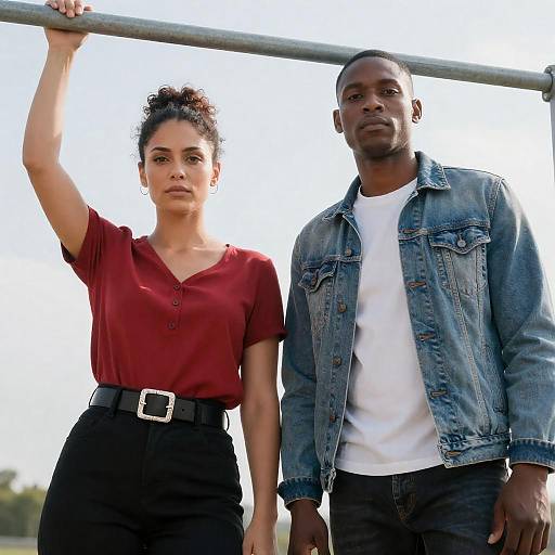 Photograph of a confident black woman with curly hair in a red blouse and black pants, standing next to a black man in a denim jacket and white