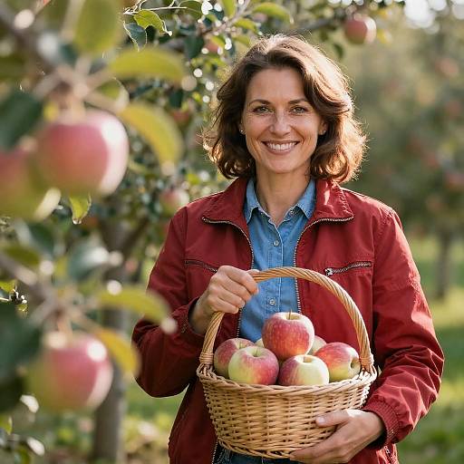 Smiling Woman Holding Apples in Orchard
