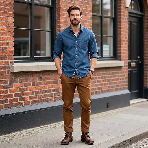 Photograph of a bearded man with short brown hair, wearing a blue button-up shirt, brown pants, and brown boots, standing in front of
