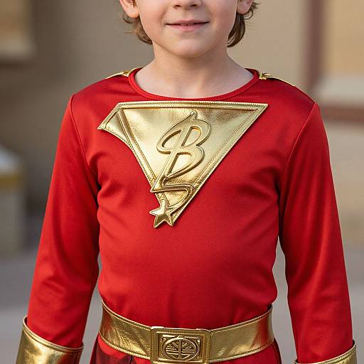 Photograph of a young boy in a red Superman costume with gold emblem, belt, and cuffs, smiling outdoors.