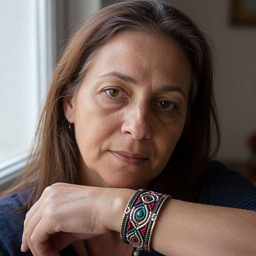 Photograph of a middle-aged woman with brown hair, light skin, and brown eyes, wearing a colorful, intricate bracelet, resting her chin on her