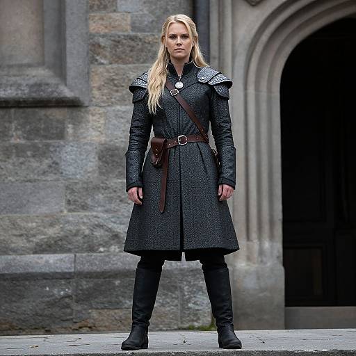 Photograph of a serious blonde woman with long hair, wearing a black medieval-style coat, brown belt, black pants, and boots, standing in front