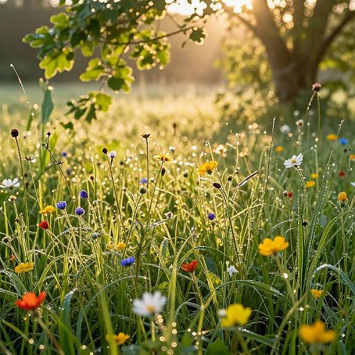 Photograph of a sunlit meadow with dewy grass and a variety of colorful wildflowers—yellow, red, blue, and white—under