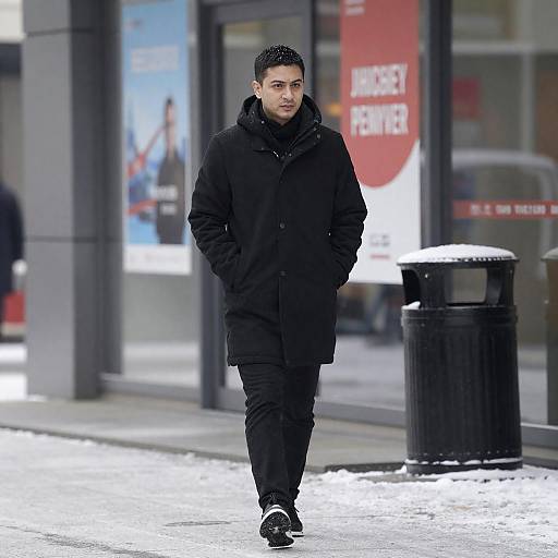 Man Walking in Snowy Urban Street