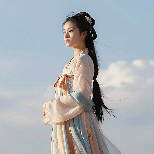 Photograph of an East Asian woman with long black hair in a traditional, pale pink hanbok with blue and orange accents, standing against a clear