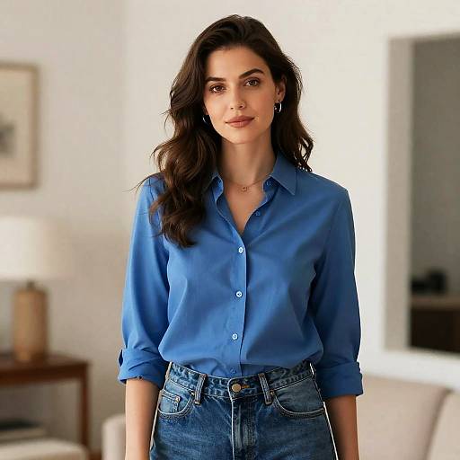 Woman in Blue Shirt Interview Outfit