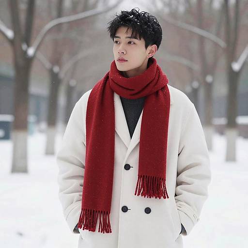 Photograph of a young Asian man with short black hair, wearing a white coat, red scarf, and black sweater, standing in a snowy, tree