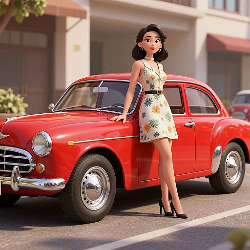Retro Red Vintage Car with Woman