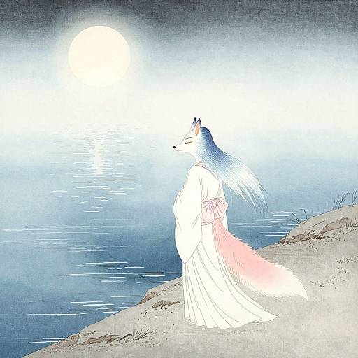 Digital illustration of a white fox-woman in a flowing white kimono with a pink tail, standing by a moonlit, calm river.