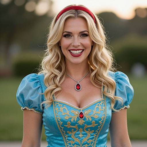 Photograph of a smiling blonde woman with wavy hair, wearing a blue, puffed-sleeve, low-cut Cinderella dress with gold embroidery