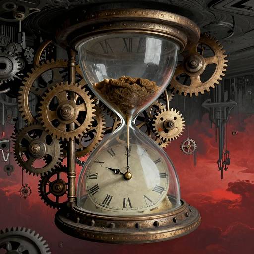 Steampunk-style digital artwork of a clock hourglass with gears, sand, Roman numerals, and red cloudy background, blending timekeeping with machinery