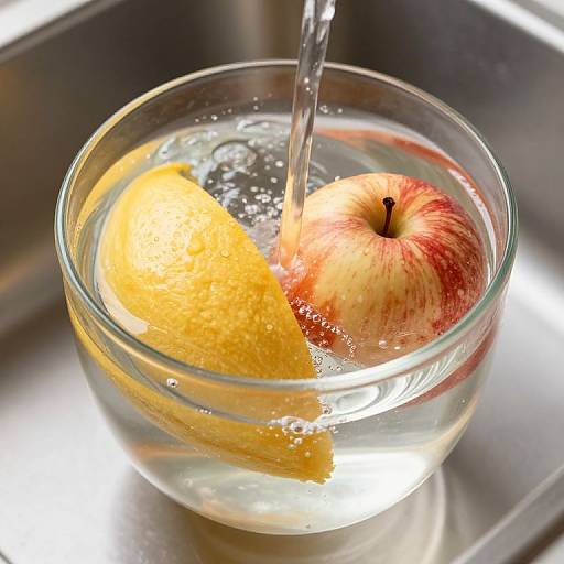 Photograph of a glass bowl filled with clear water, containing a red-and-white apple and a sliced yellow lemon, with a water stream pouring in.