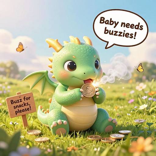 CGI dragon cub with green scales and yellow horns, holding a coin, sitting in a sunlit meadow, speech bubble: 