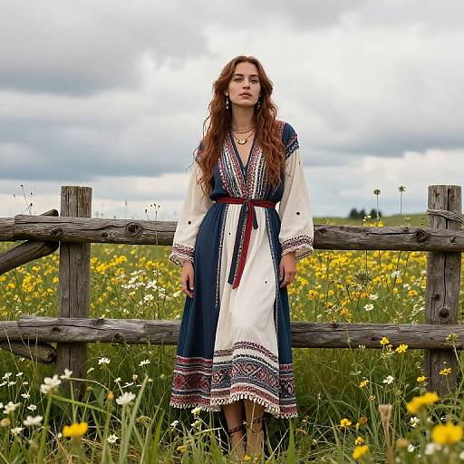 Photograph of a young woman with long red hair wearing a blue and white embroidered dress, standing in a field of yellow wildflowers and white dais
