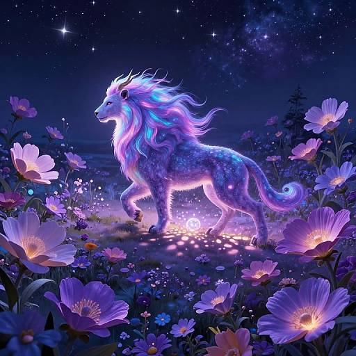 Magical, neon blue and purple unicorn with glowing mane and tail stands amid vibrant, illuminated flowers under a starry night sky. Digital fantasy art.