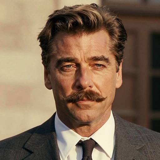 Photograph of a middle-aged man with brown hair, mustache, wearing a black suit, white shirt, black tie, against a blurred outdoor background