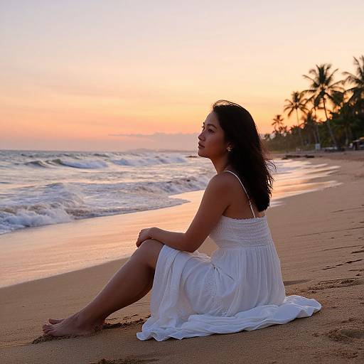 Photograph of a woman with dark hair, wearing a white sundress, sitting on a beach at sunset, looking at the ocean. Palm trees in