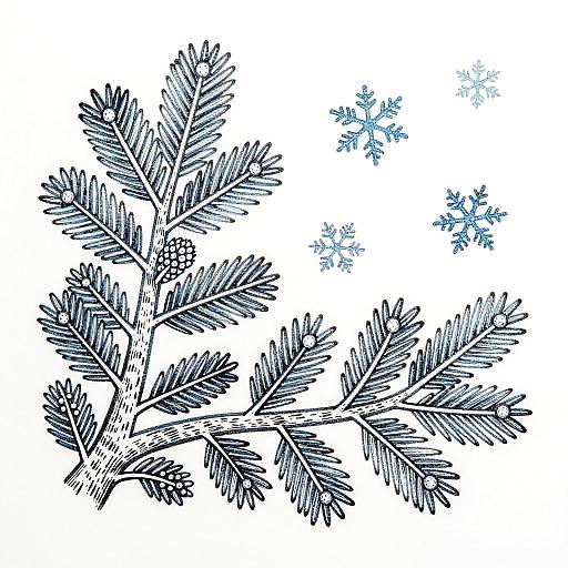 Linocut Snowflakes Over Pine Branches