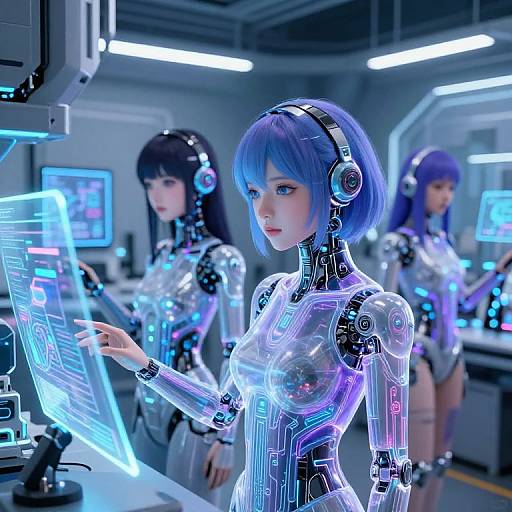 Digital CGI of three futuristic, blue-haired, cybernetic women in glowing, transparent bodysuits interacting with holographic screens in a high-tech lab