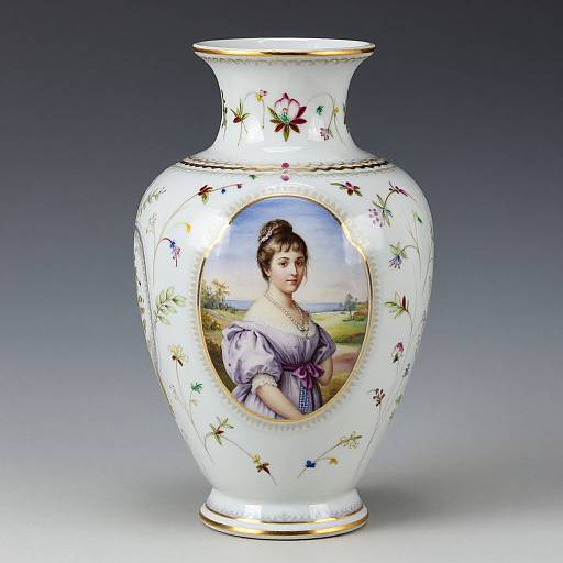 Photograph of an ornate porcelain vase with a painted portrait of a Victorian woman in a lavender dress, surrounded by floral motifs.