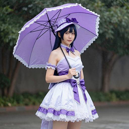 Asian woman in white and purple cosplay dress with lace trim, black hair, holding purple umbrella, standing outdoors on wet pavement.