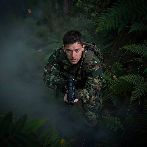 Photograph of a focused, young, Caucasian male soldier in camouflage, crouching in a dense, misty forest, holding a rifle, surrounded