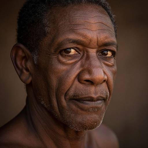 Close-up photograph of an elderly African man with dark brown skin, wrinkled face, short curly hair, and deep, thoughtful eyes, against a blurred