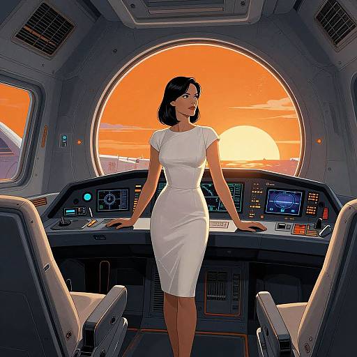 Digital illustration of a black-haired woman in a white dress standing in a spaceship cockpit, gazing at a vibrant orange sunset through the circular window.