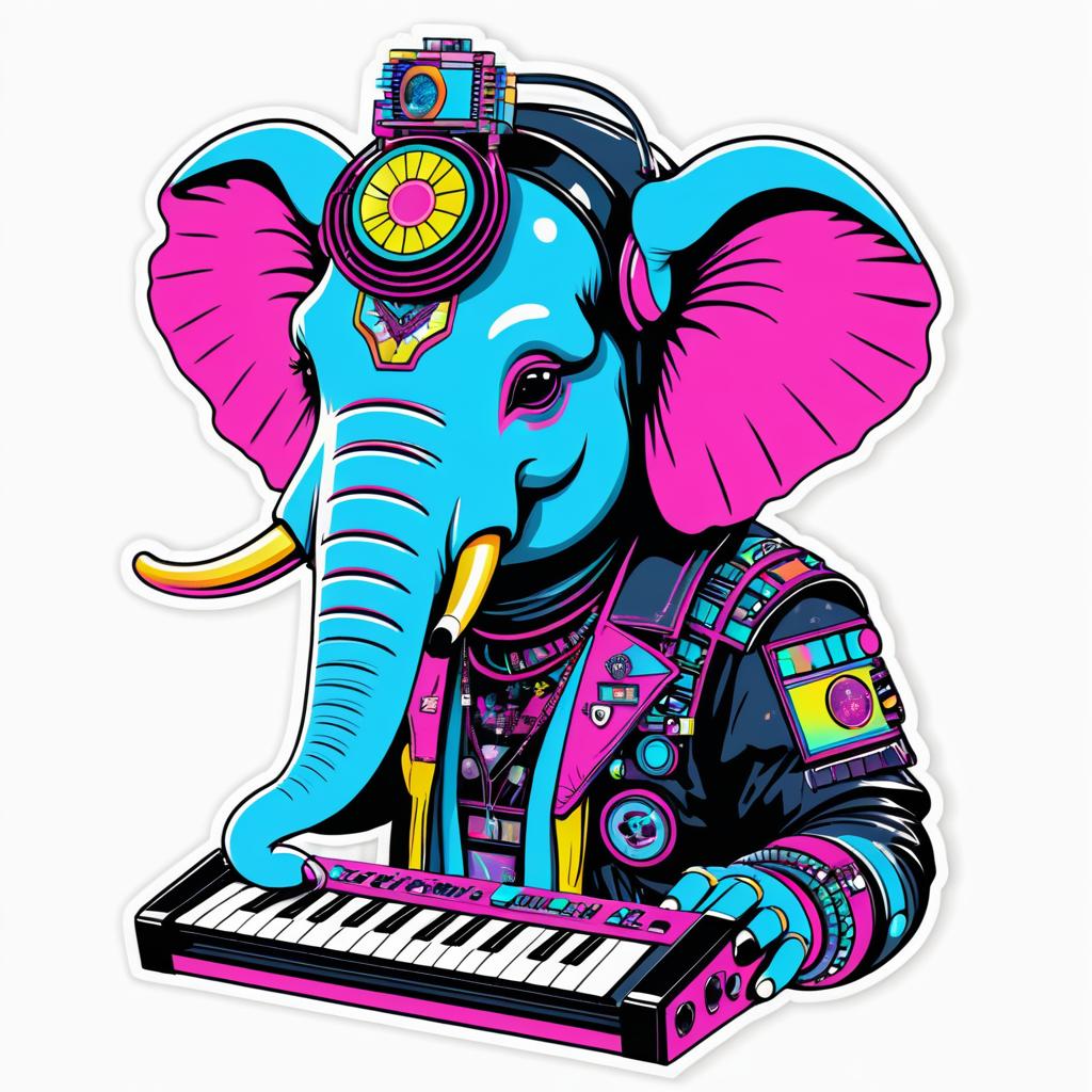 Cyborg Elephant in Retro Synthpop Style