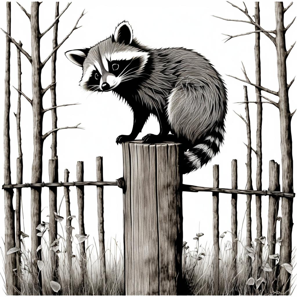 Whimsical Raccoon on a Fence Post